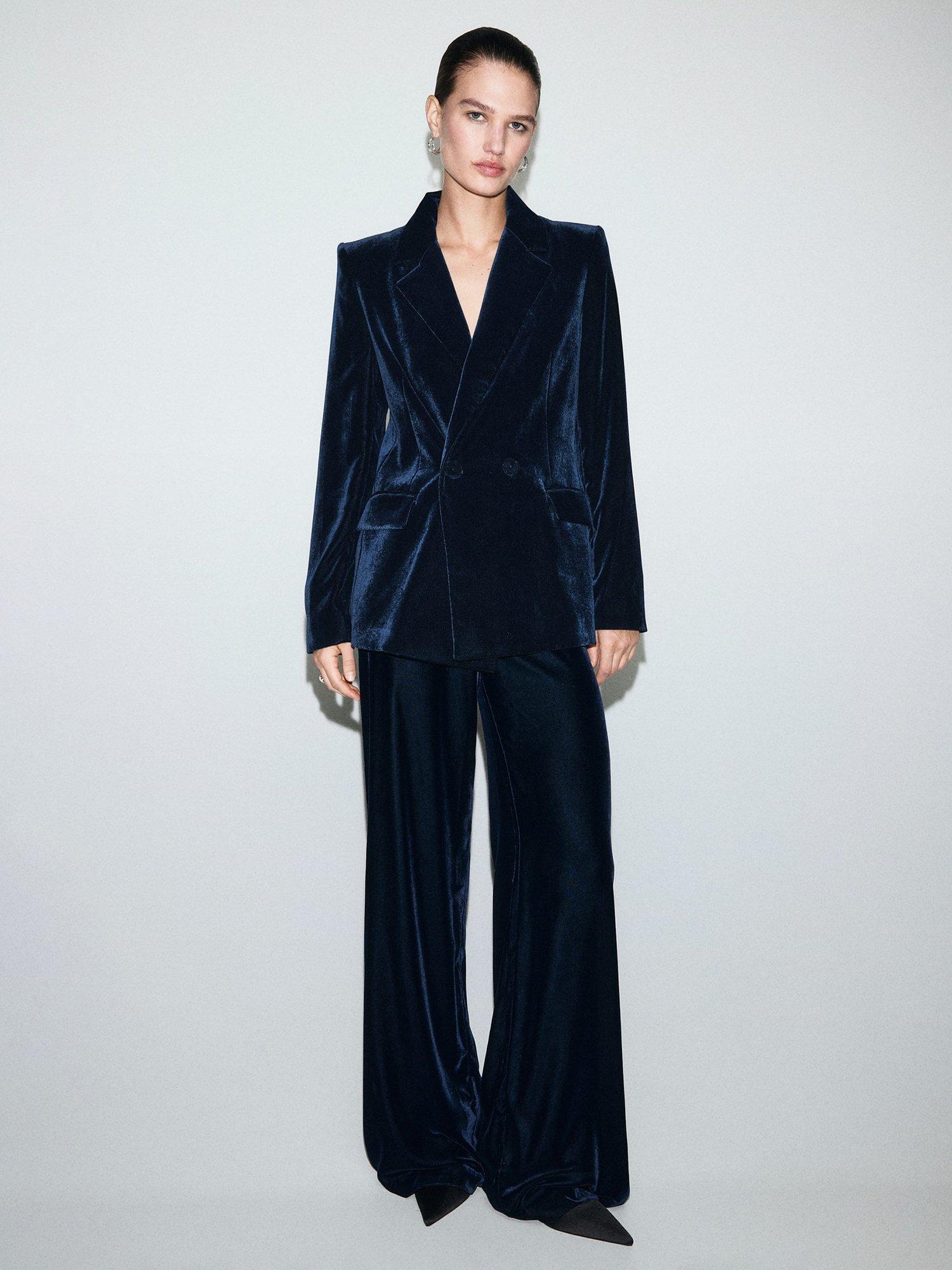 Product image 2 of 9, which shows Mango Combi Double Breasted Velvet Blazer, Navy, S