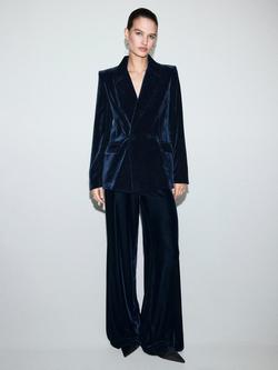 Mango Combi Double Breasted Velvet Blazer, Navy - view 2, Navy