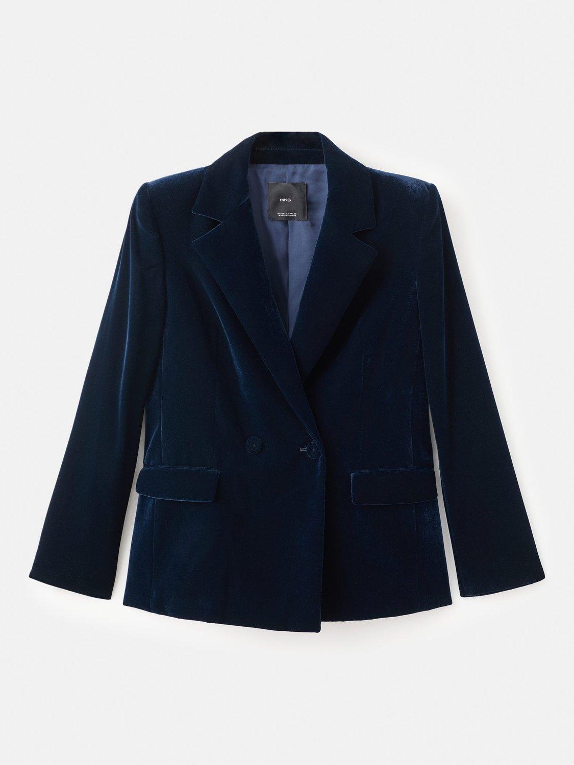 Product image 3 of 9, which shows Mango Combi Double Breasted Velvet Blazer, Navy, S