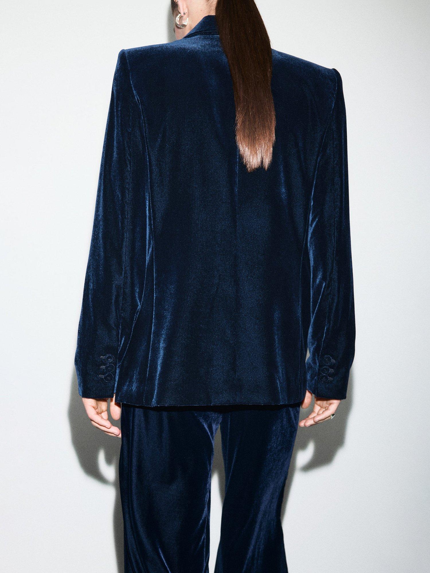 Product image 4 of 9, which shows Mango Combi Double Breasted Velvet Blazer, Navy, S