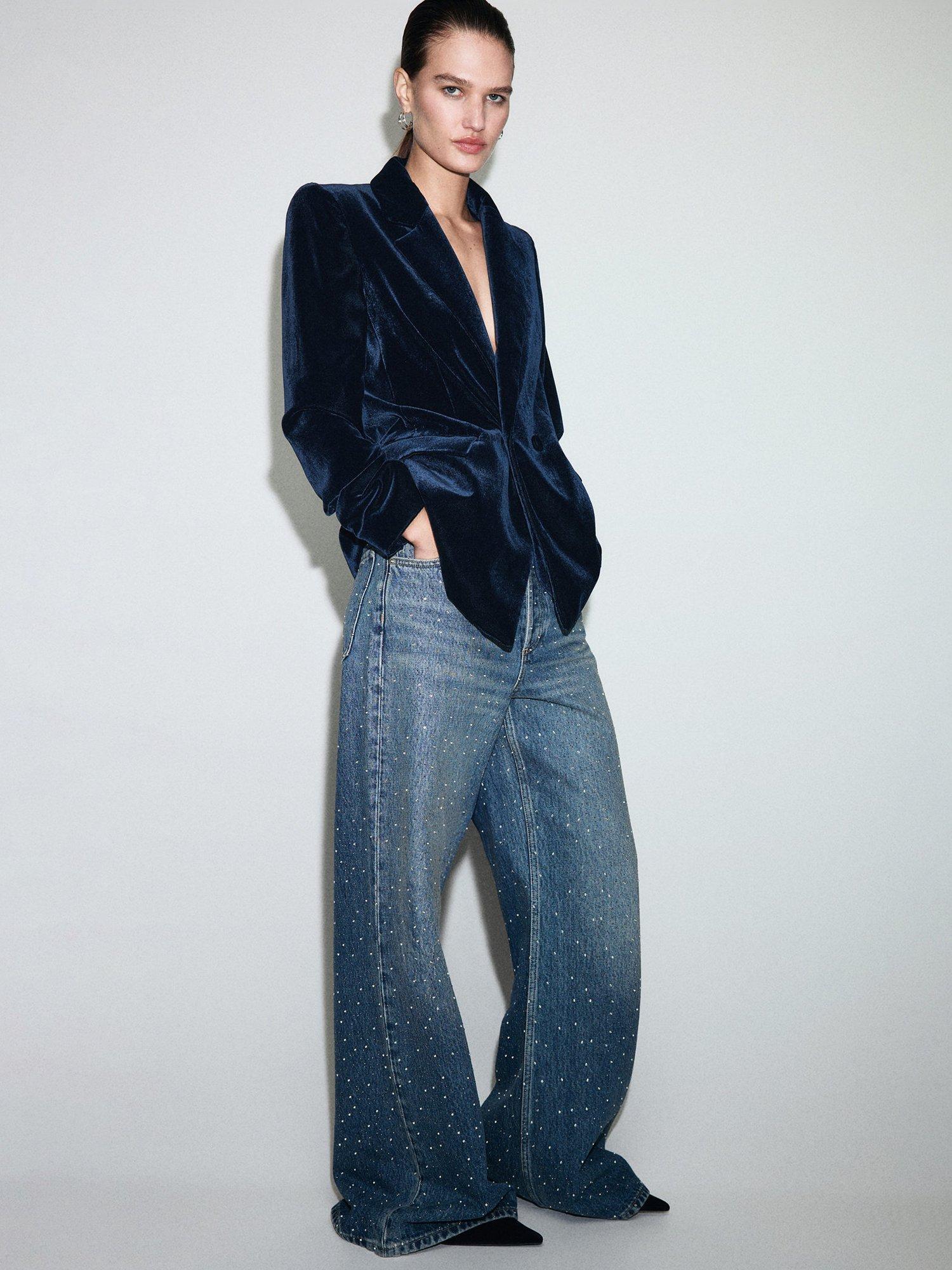 Product image 7 of 9, which shows Mango Combi Double Breasted Velvet Blazer, Navy, S