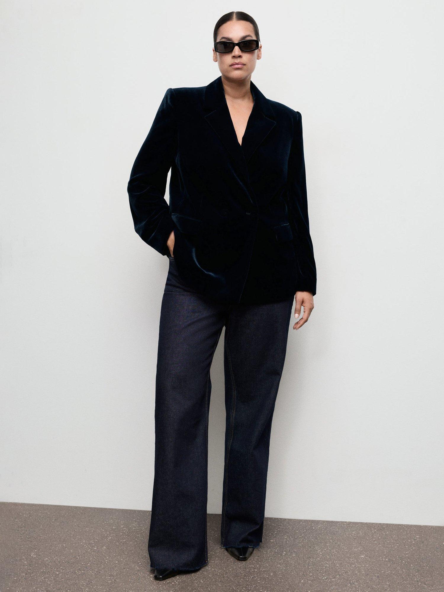 Product image 8 of 9, which shows Mango Combi Double Breasted Velvet Blazer, Navy, S