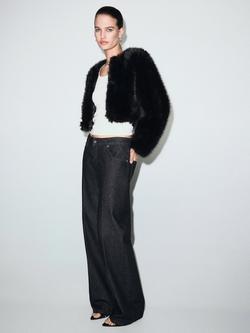 Mango Boleta Faux Fur Cropped Jacket, Black, Black