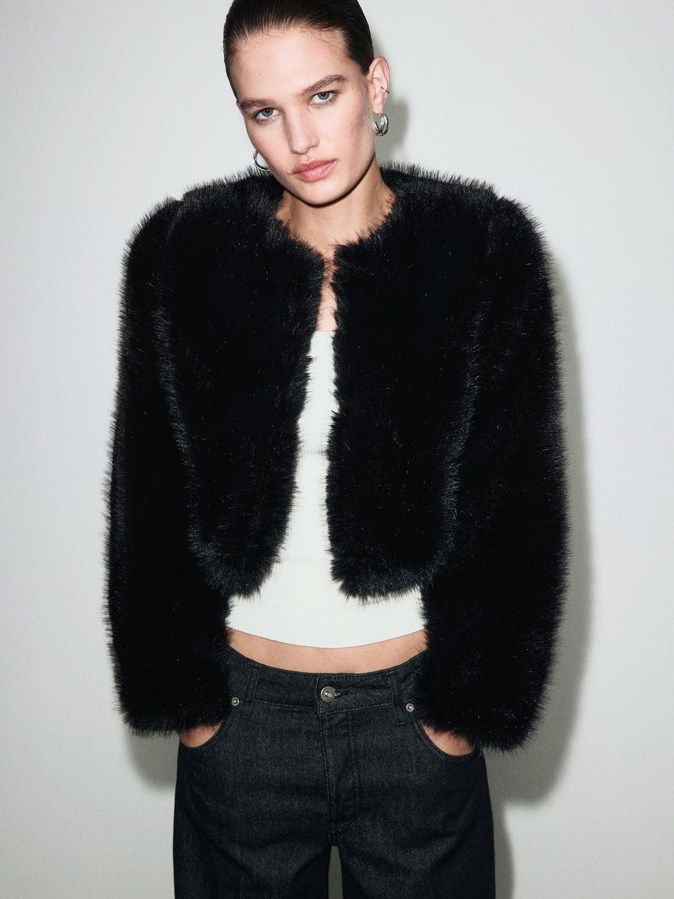 Product image 2 of 8, which shows Mango Boleta Faux Fur Cropped Jacket, Black, M