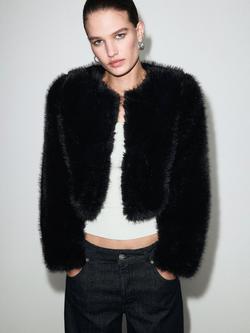 Mango Boleta Faux Fur Cropped Jacket, Black - view 2, Black
