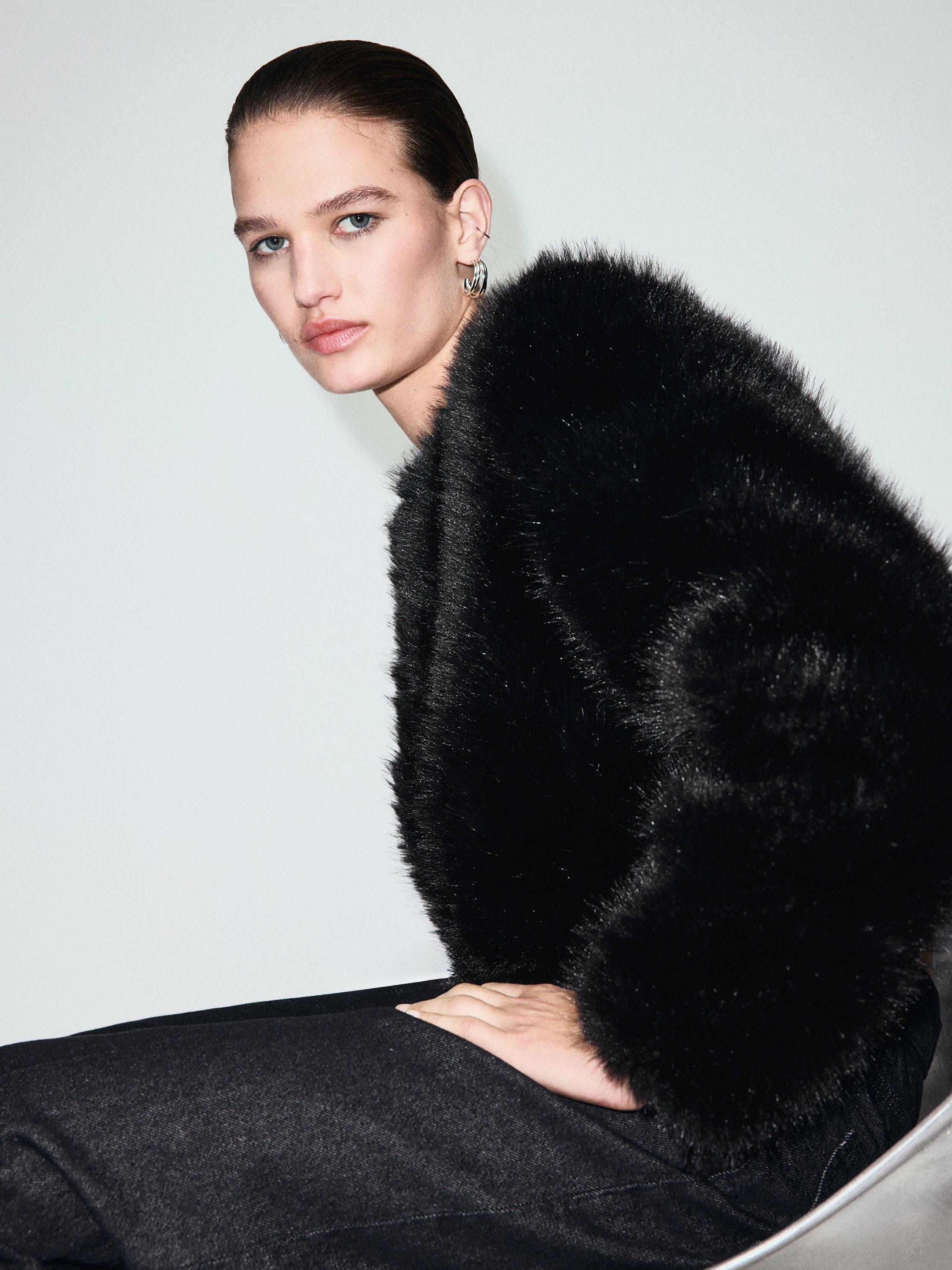 Product image 5 of 8, which shows Mango Boleta Faux Fur Cropped Jacket, Black, M
