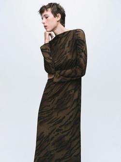 Mango Greta Animal Print Satin Dress, Brown, Brown