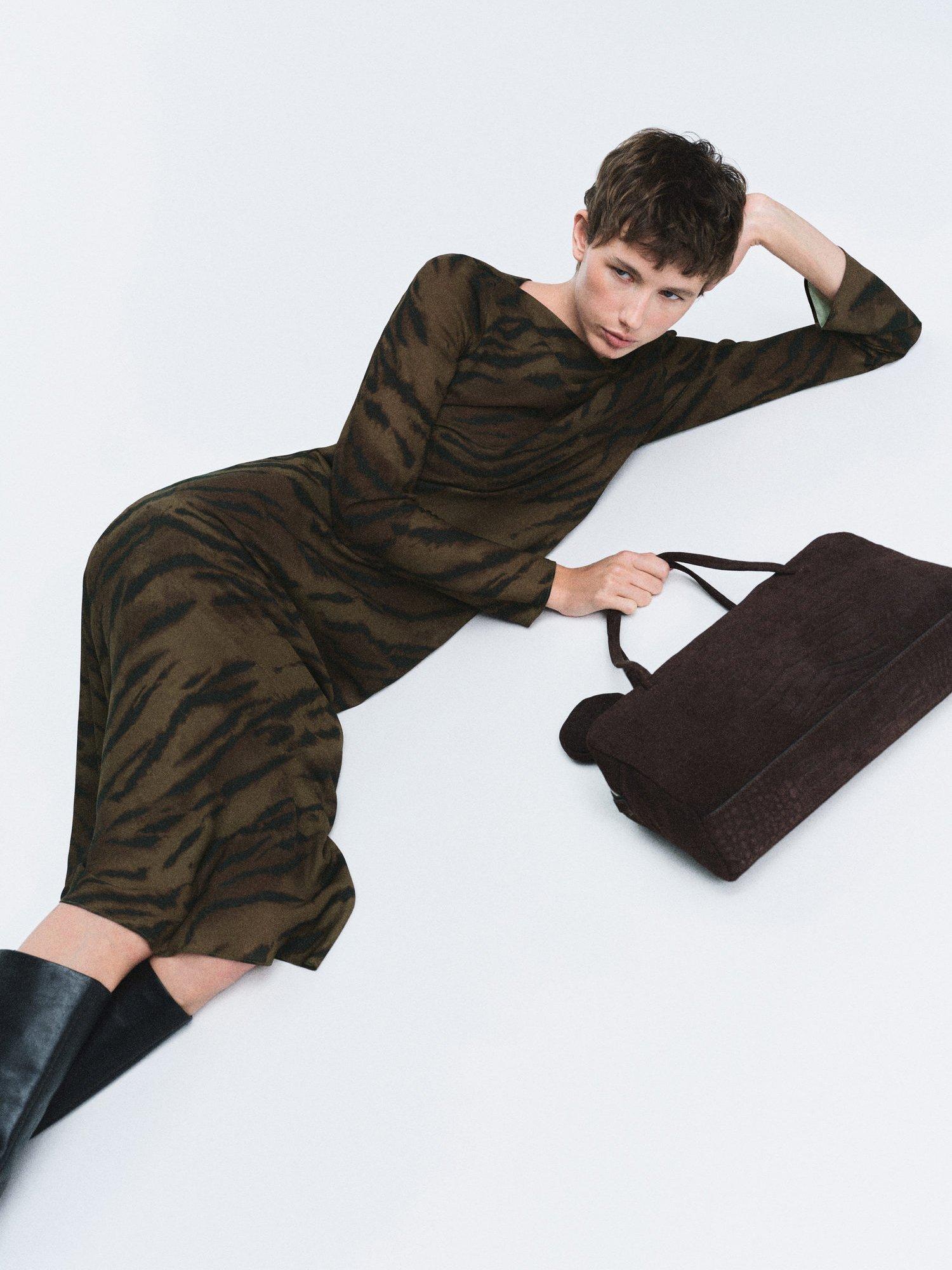 Product image 6 of 8, which shows Mango Greta Animal Print Satin Dress, Brown, 10