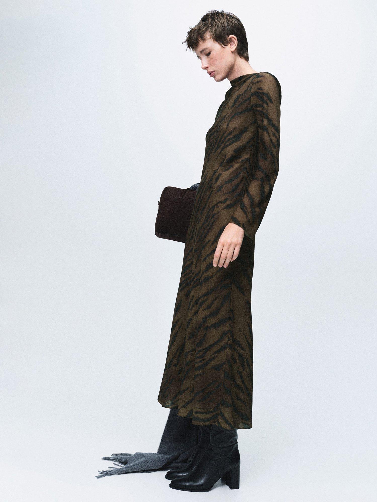 Product image 7 of 8, which shows Mango Greta Animal Print Satin Dress, Brown, 10