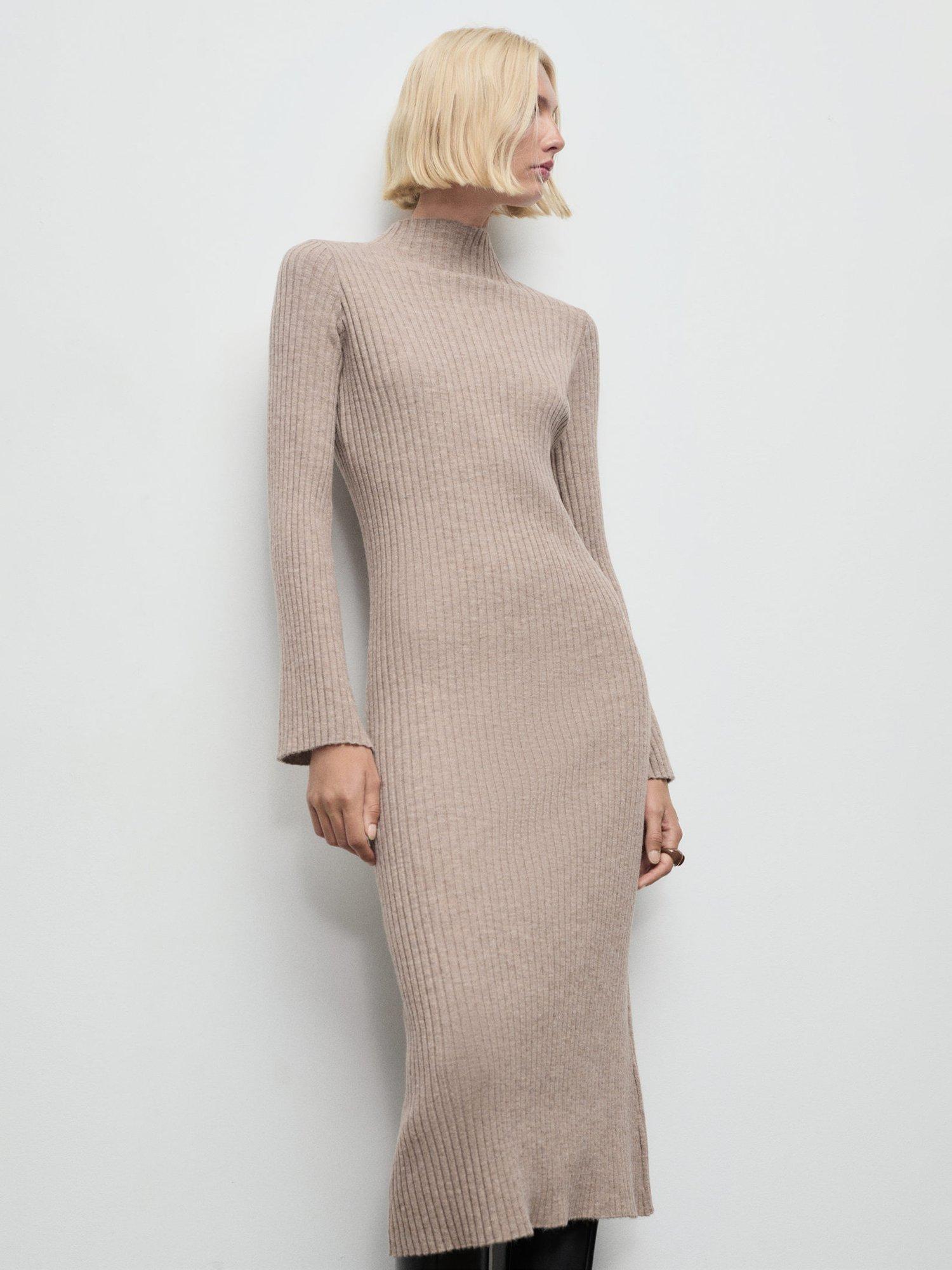 Product image 1 of 6, which shows Mango Perkins Neck Ribbed Dress, Medium Brown, 8