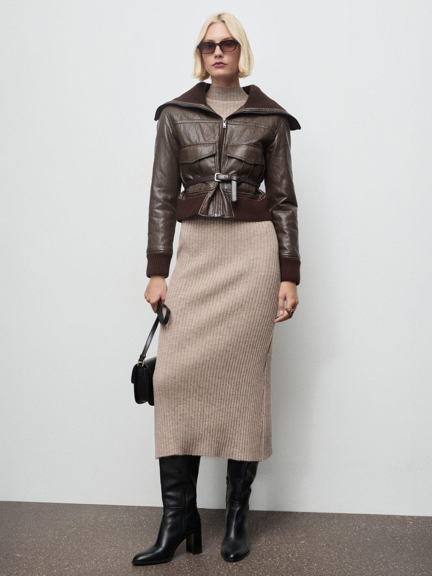 Product image 2 of 6, which shows Mango Perkins Neck Ribbed Dress, Medium Brown, 8