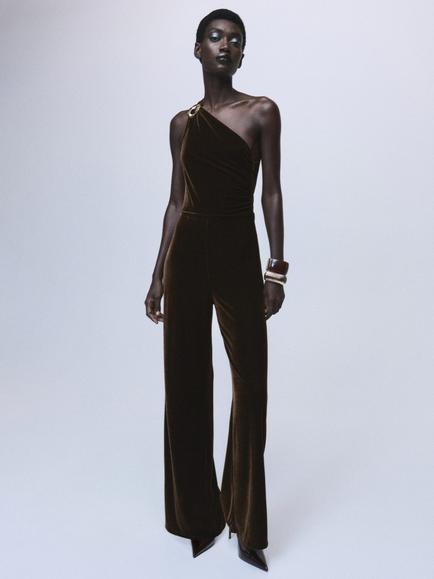 Mango Xmelo Asymmetric Embellished Jumpsuit, Brown, Brown