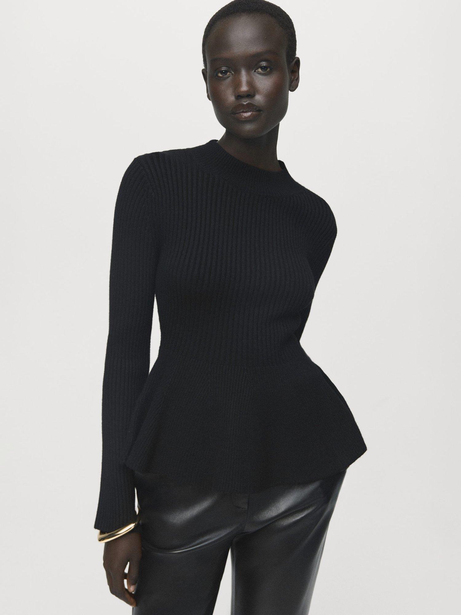 Product image 1 of 9, which shows Mango Ribbed Peplum Hem Jumper, Black, 6XL