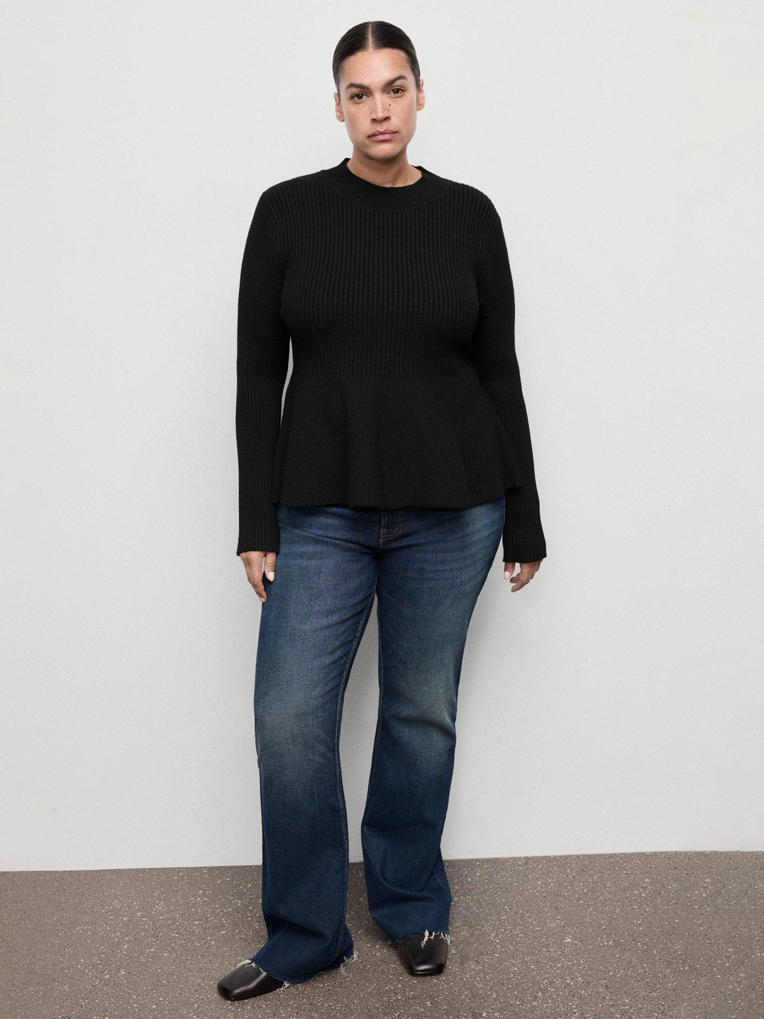 Product image 8 of 9, which shows Mango Ribbed Peplum Hem Jumper, Black, 6XL
