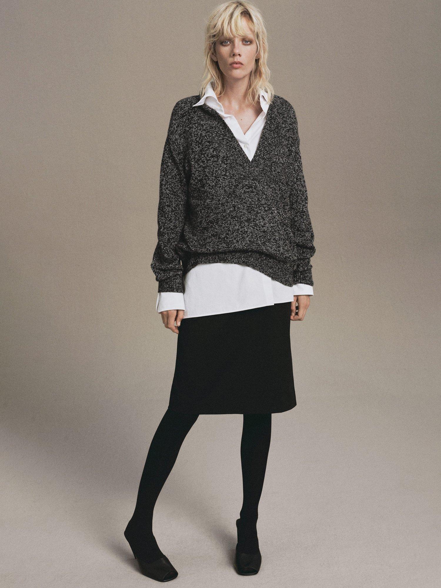 Product image 2 of 8, which shows Mango Moliv Heathered V-Neck Jumper, Black, S