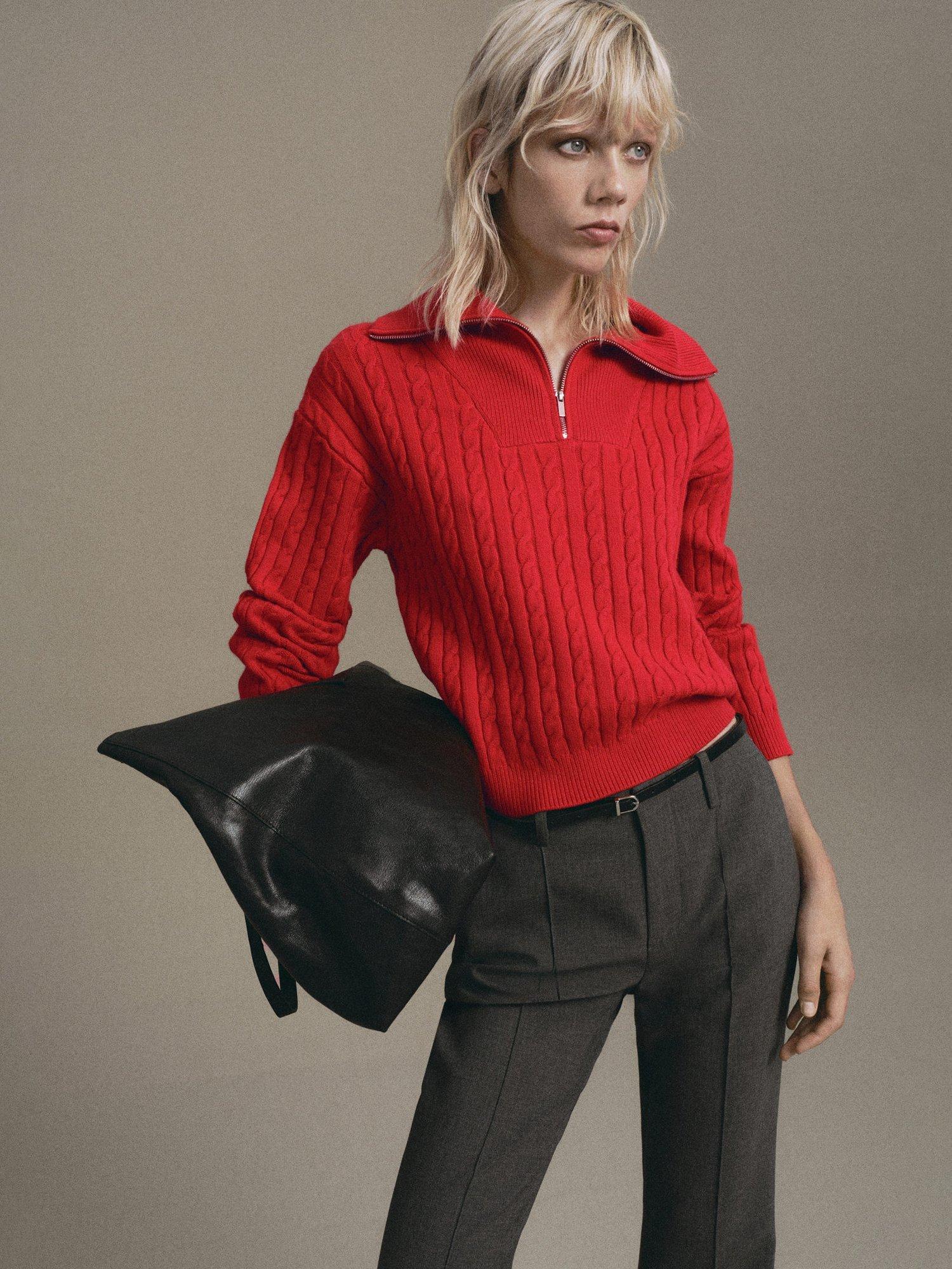 Product image 1 of 7, which shows Mango Ribraid Cable Knit Zip Jumper, Red, XS