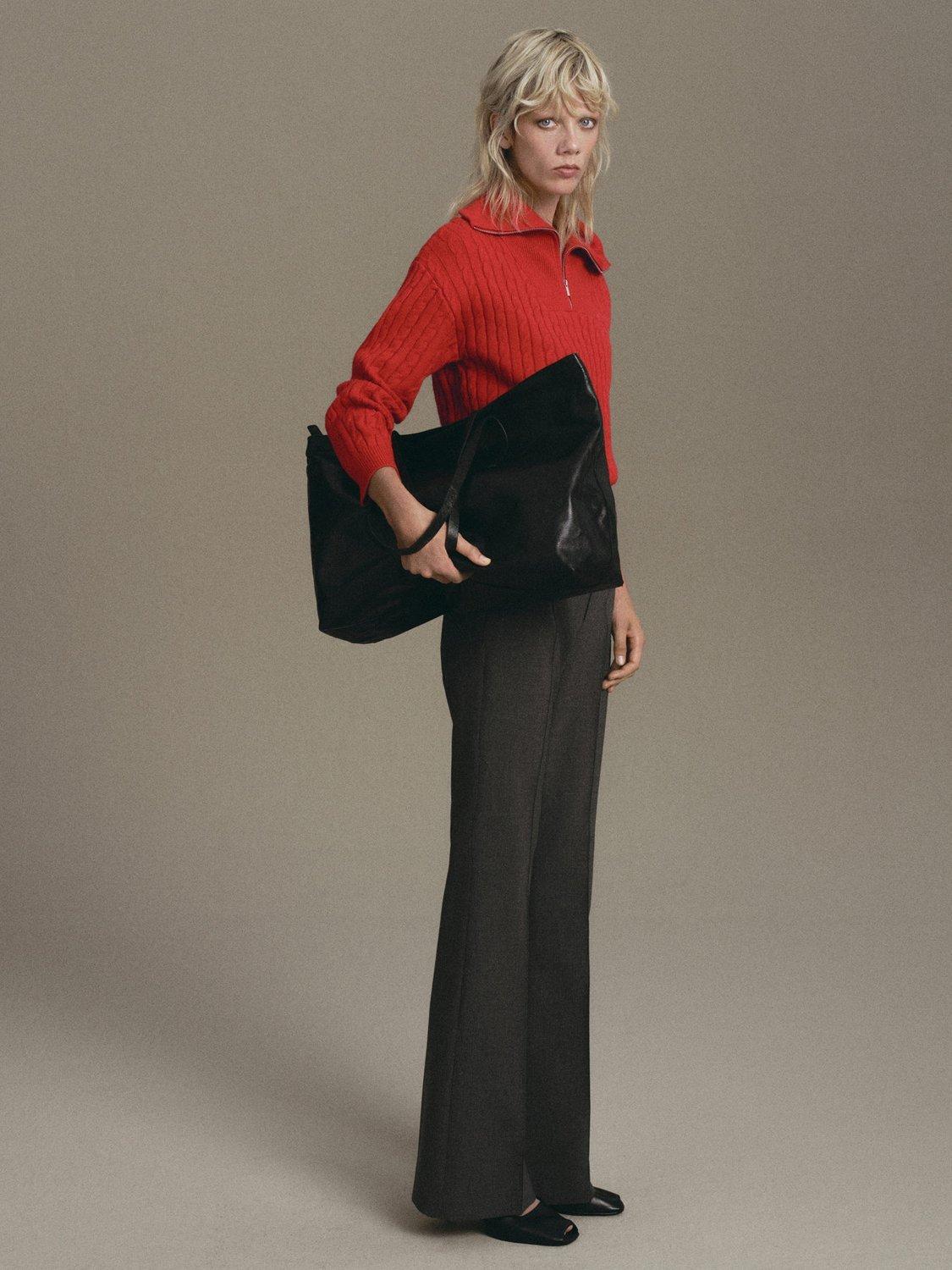 Product image 2 of 7, which shows Mango Ribraid Cable Knit Zip Jumper, Red, XS