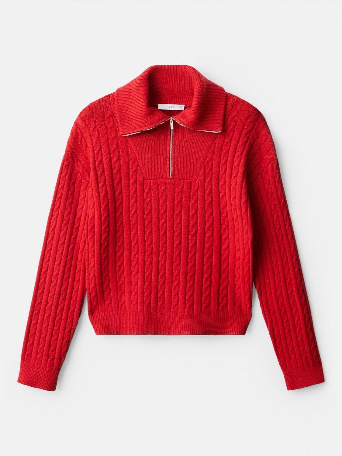 Product image 3 of 7, which shows Mango Ribraid Cable Knit Zip Jumper, Red, XS