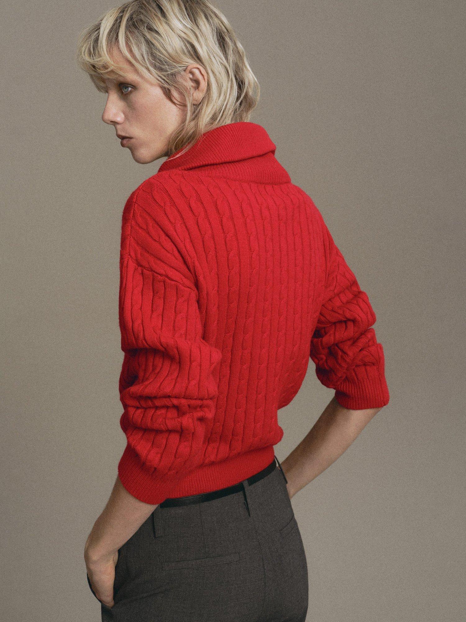 Product image 4 of 7, which shows Mango Ribraid Cable Knit Zip Jumper, Red, XS