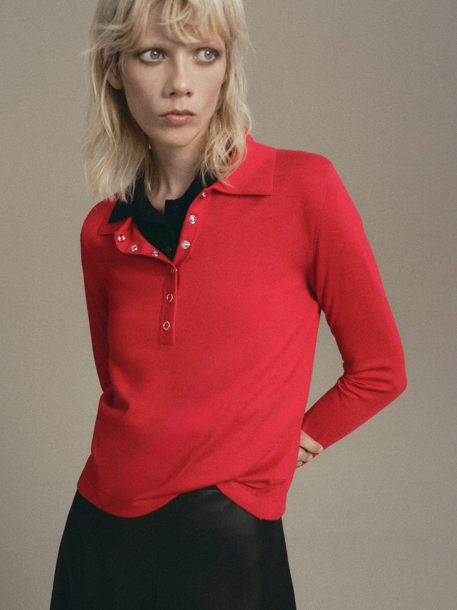 Product image 1 of 7, which shows Mango Titos Polo Neck Knit Top, Red, XXS