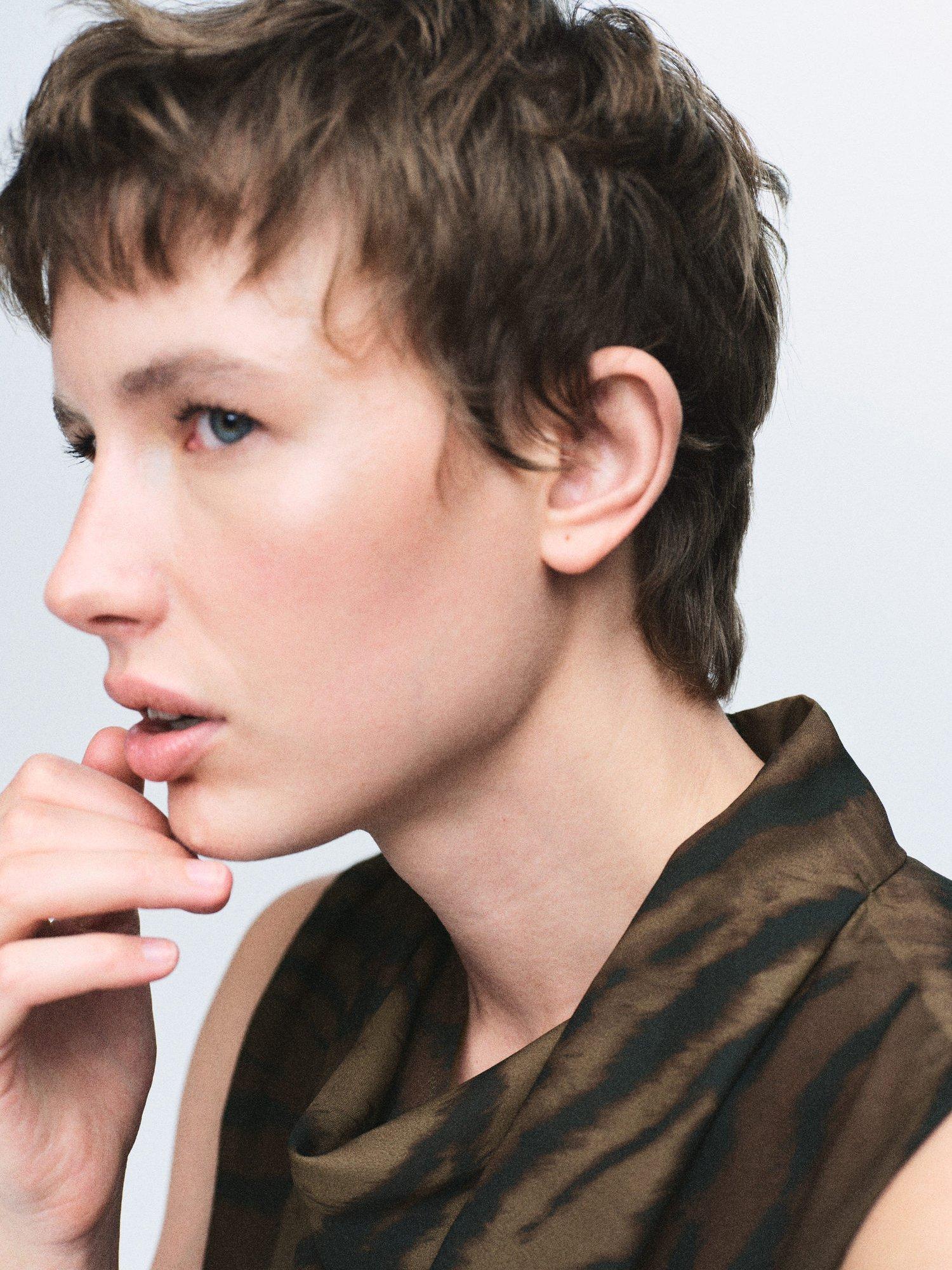 Product image 6 of 6, which shows Mango Greta Cowl Neck Sleeveless Blouse, Brown, 10