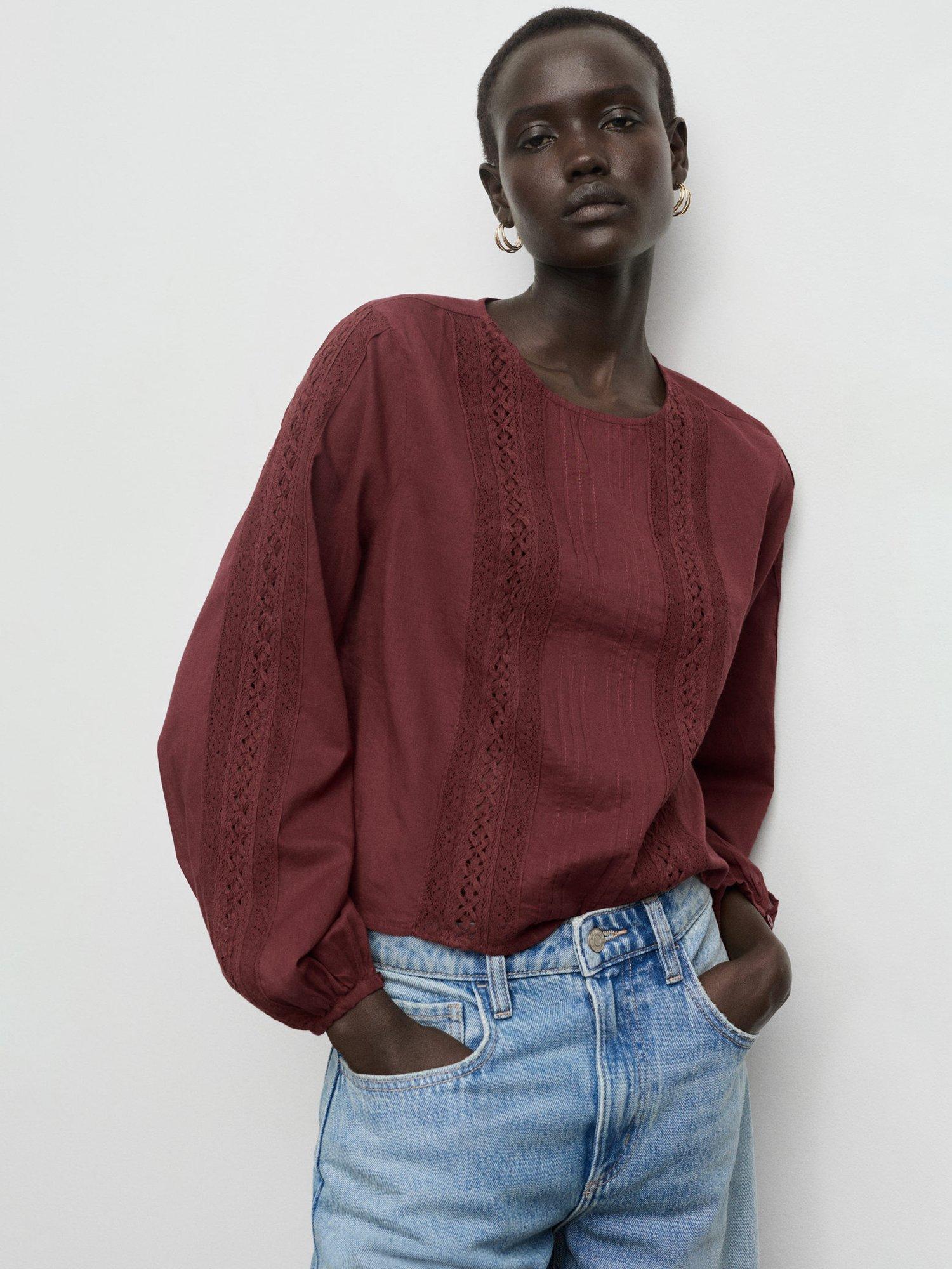 Product image 1 of 7, which shows Mango Peony Embroidered Top, Dark Red, 10