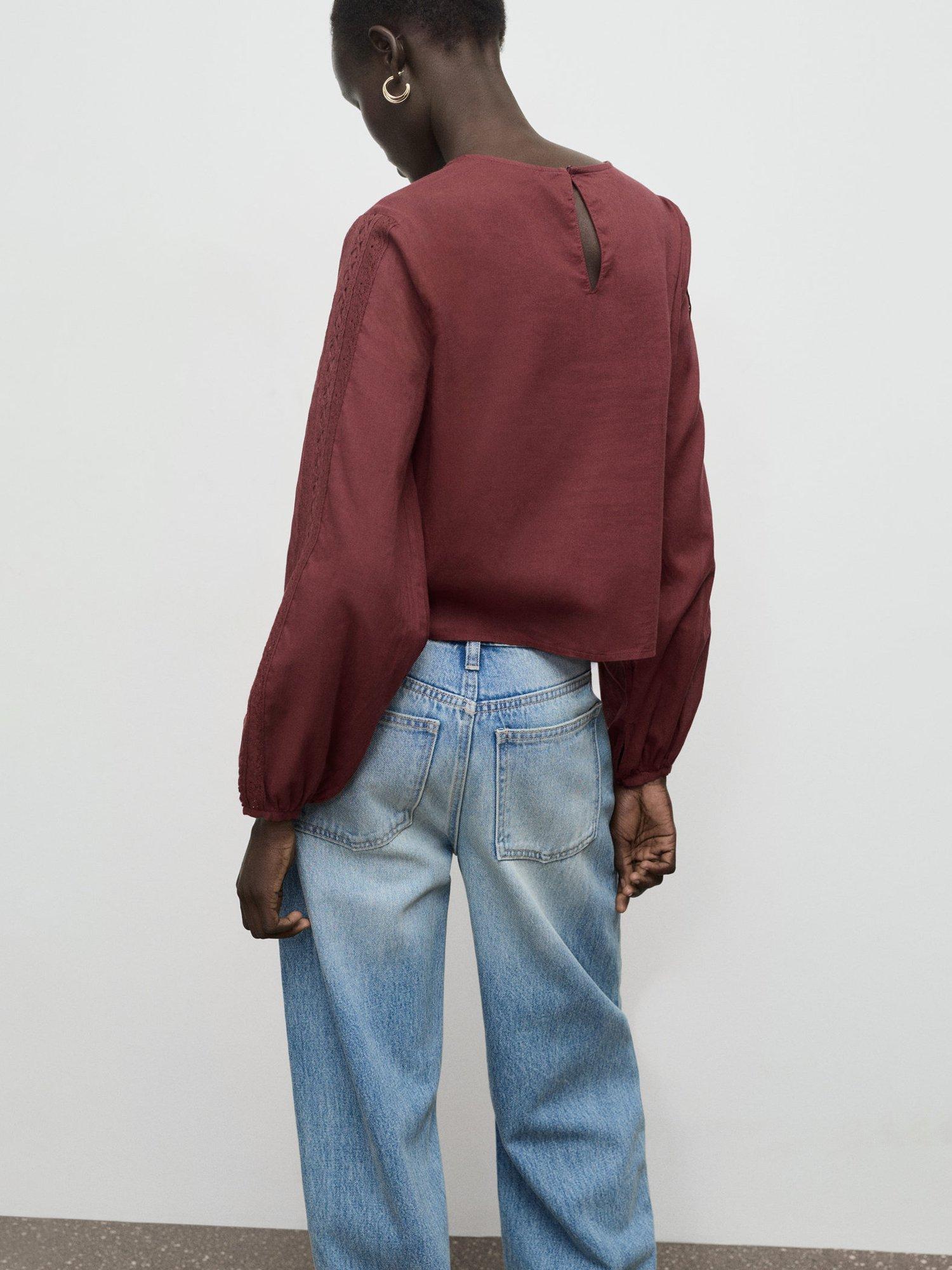 Product image 4 of 7, which shows Mango Peony Embroidered Top, Dark Red, 10