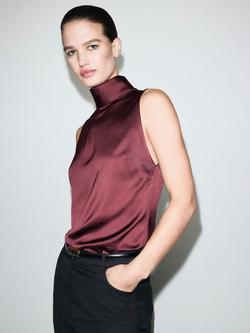 Mango Stonak High Neck Satin Top, Dark Red