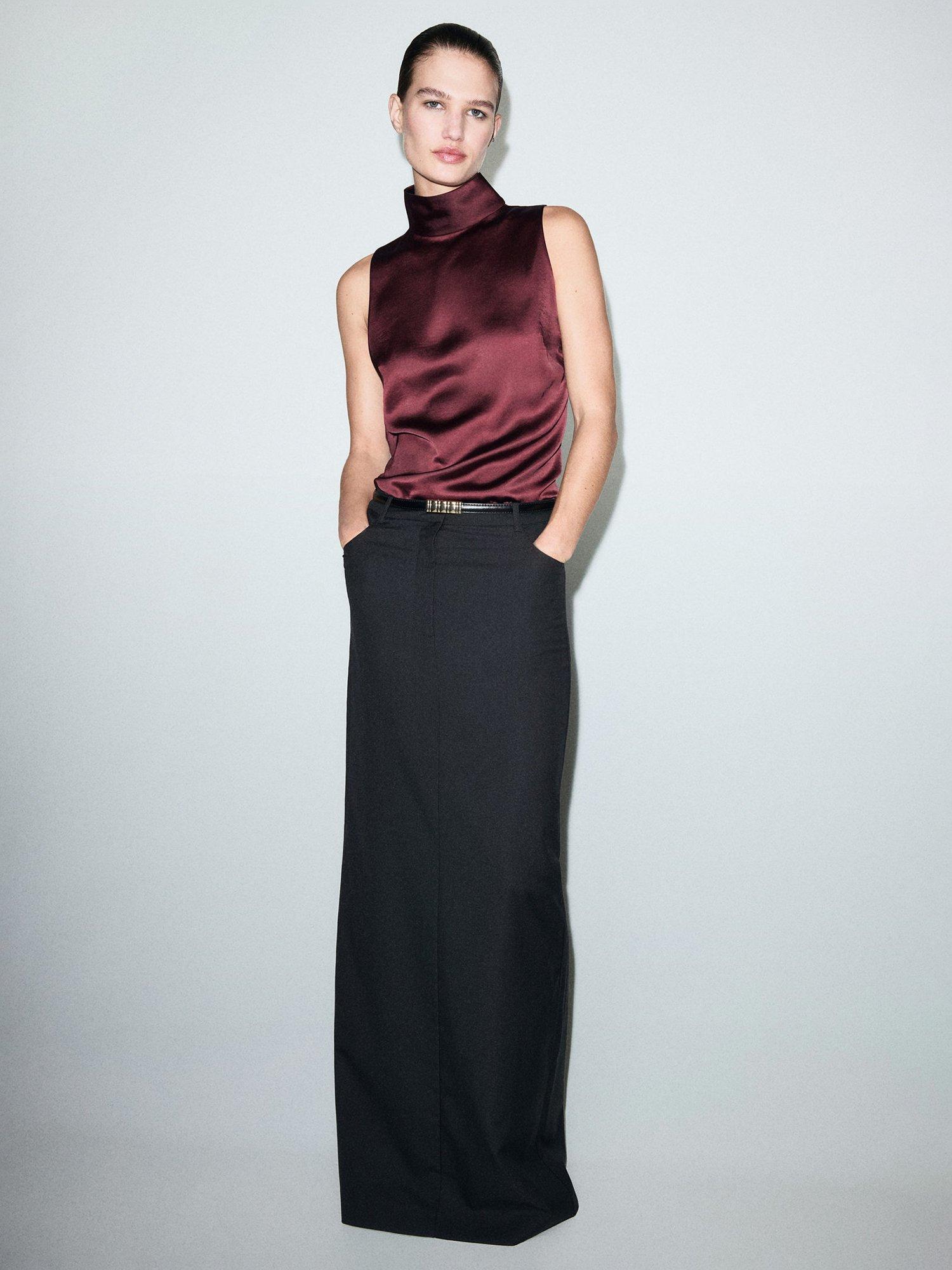 Product image 2 of 9, which shows Mango Stonak High Neck Satin Top, Dark Red, 24