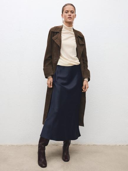 Mango Mia Satin Midi Skirt, Navy - view 2, Navy