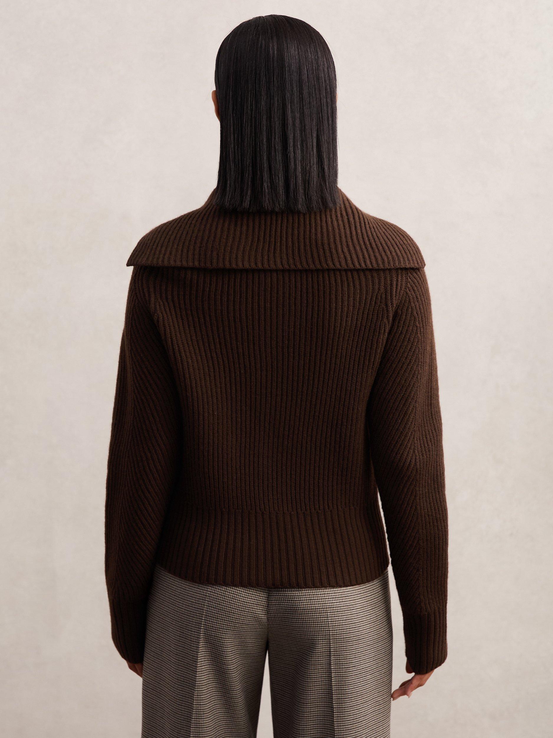 Product image 2 of 5, which shows Reiss Ruby Pure Wool Cardigan, Chocolate Brown, XS