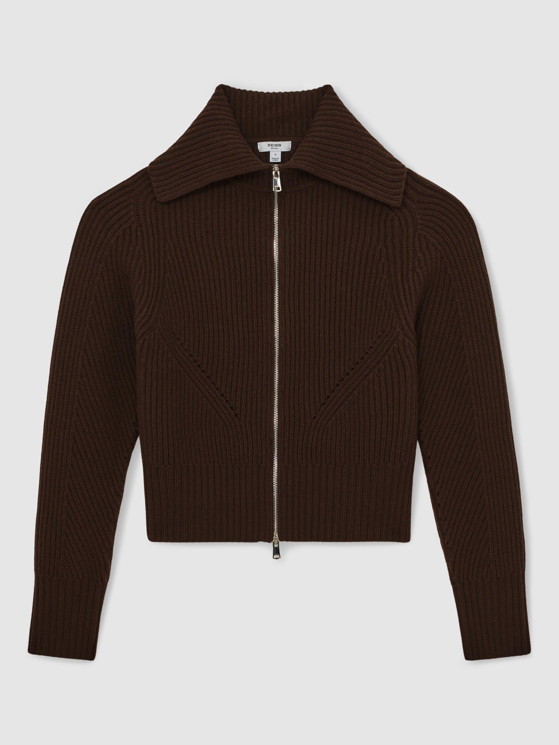 Product image 3 of 5, which shows Reiss Ruby Pure Wool Cardigan, Chocolate Brown, XS