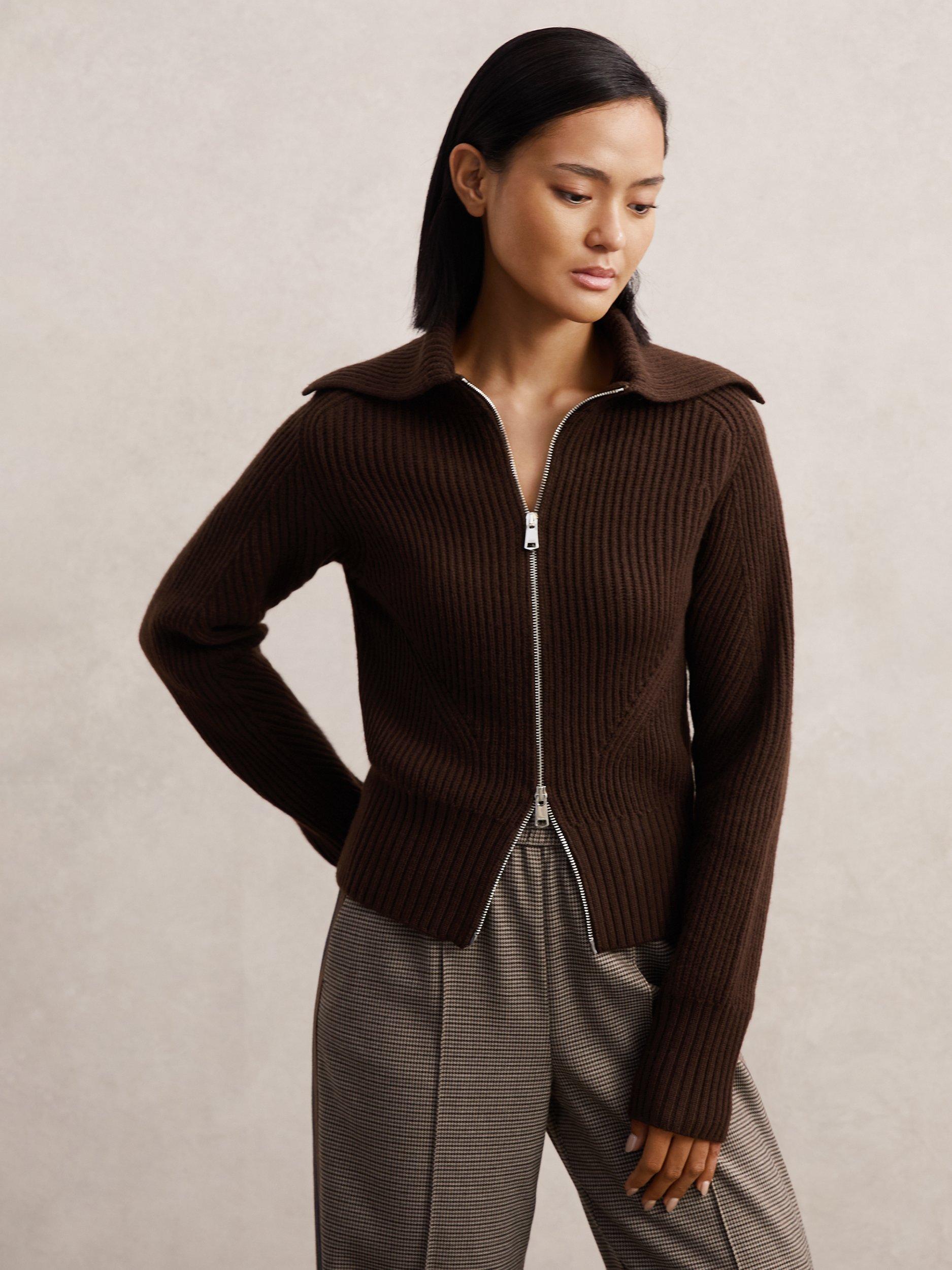 Product image 4 of 5, which shows Reiss Ruby Pure Wool Cardigan, Chocolate Brown, XS