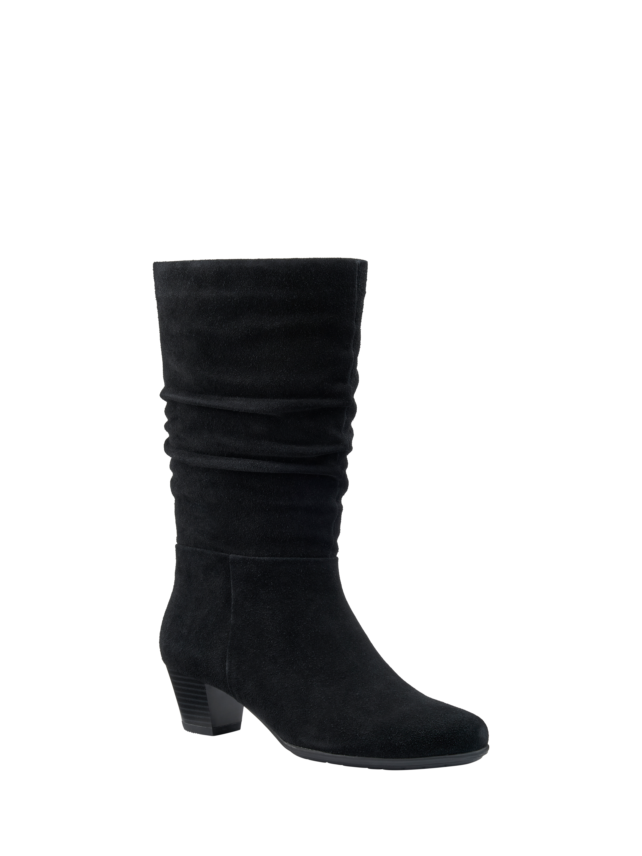 Product image 2 of 5, which shows Hotter Sloane Suede Block Heel Calf Boots, Black, 3S