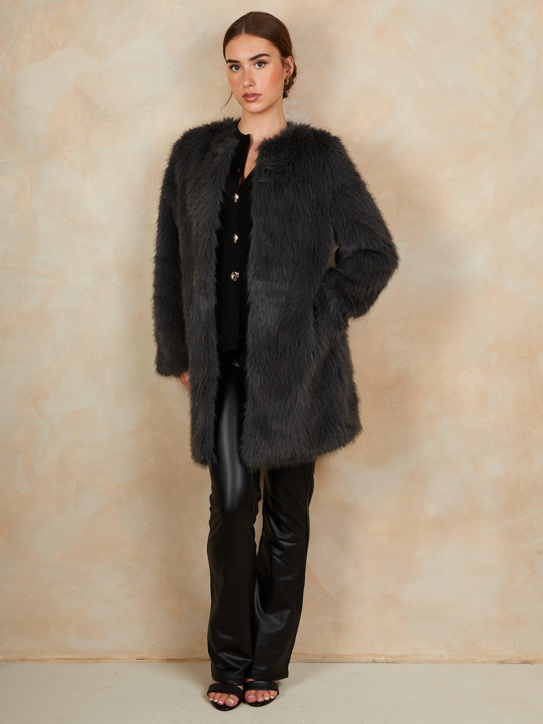 Product image 1 of 3, which shows Chi Chi London Longline Faux Fur Jacket, Grey, 6