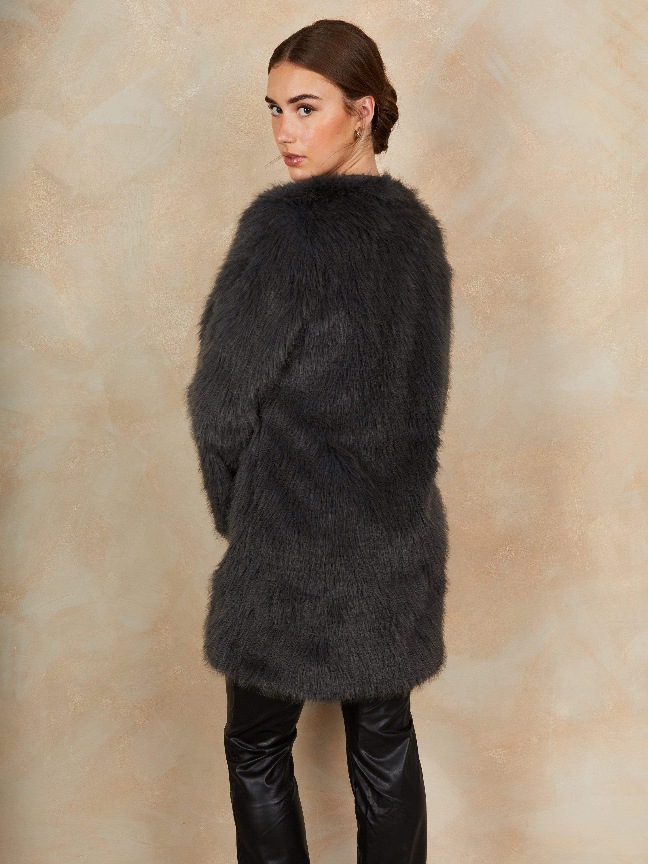 Product image 3 of 3, which shows Chi Chi London Longline Faux Fur Jacket, Grey, 6