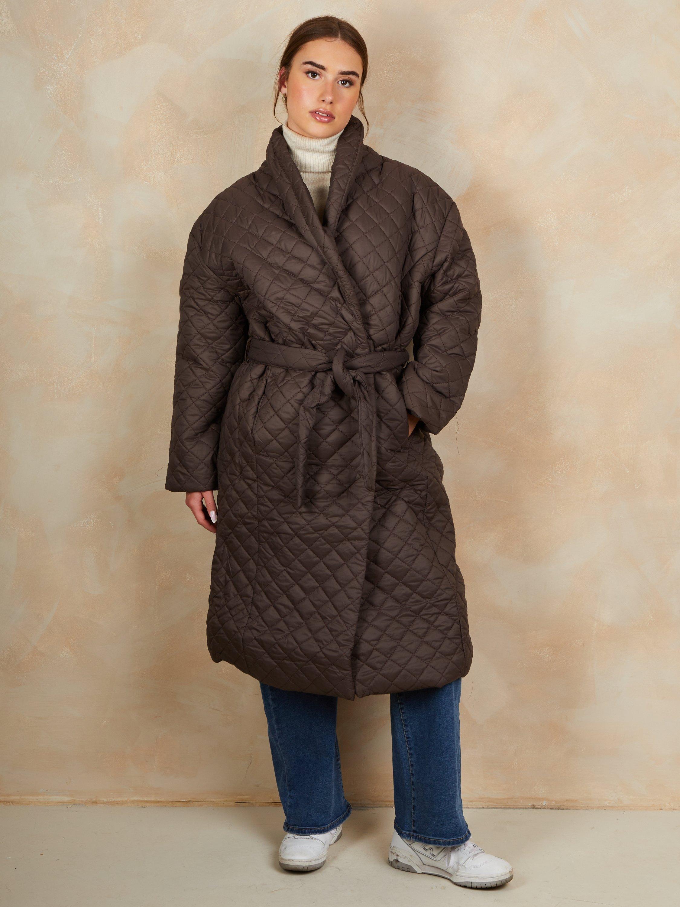 Product image 1 of 4, which shows Chi Chi London Belted Quilted Long Coat, Brown, 6