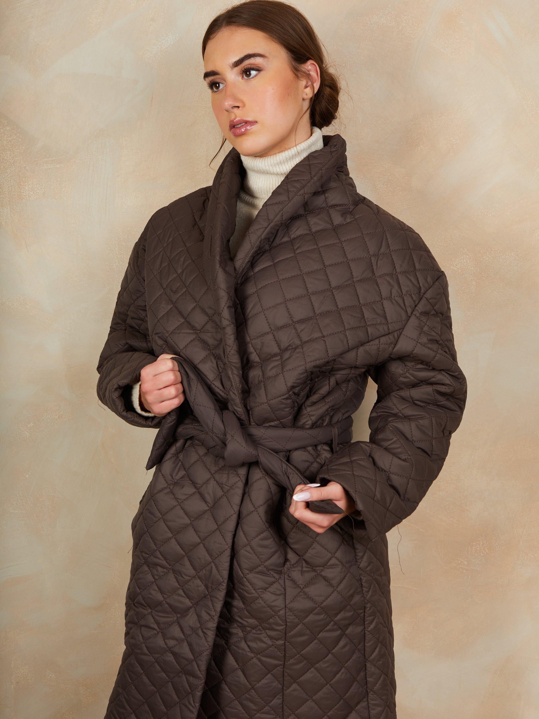 Product image 2 of 4, which shows Chi Chi London Belted Quilted Long Coat, Brown, 6
