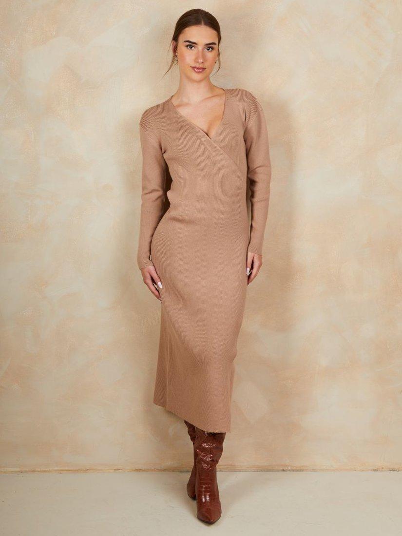 Chi Chi London Wrap Knit Midi Dress, Camel