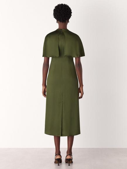 Whistles Cape Satin Midi Dress, Olive - view 2, Olive