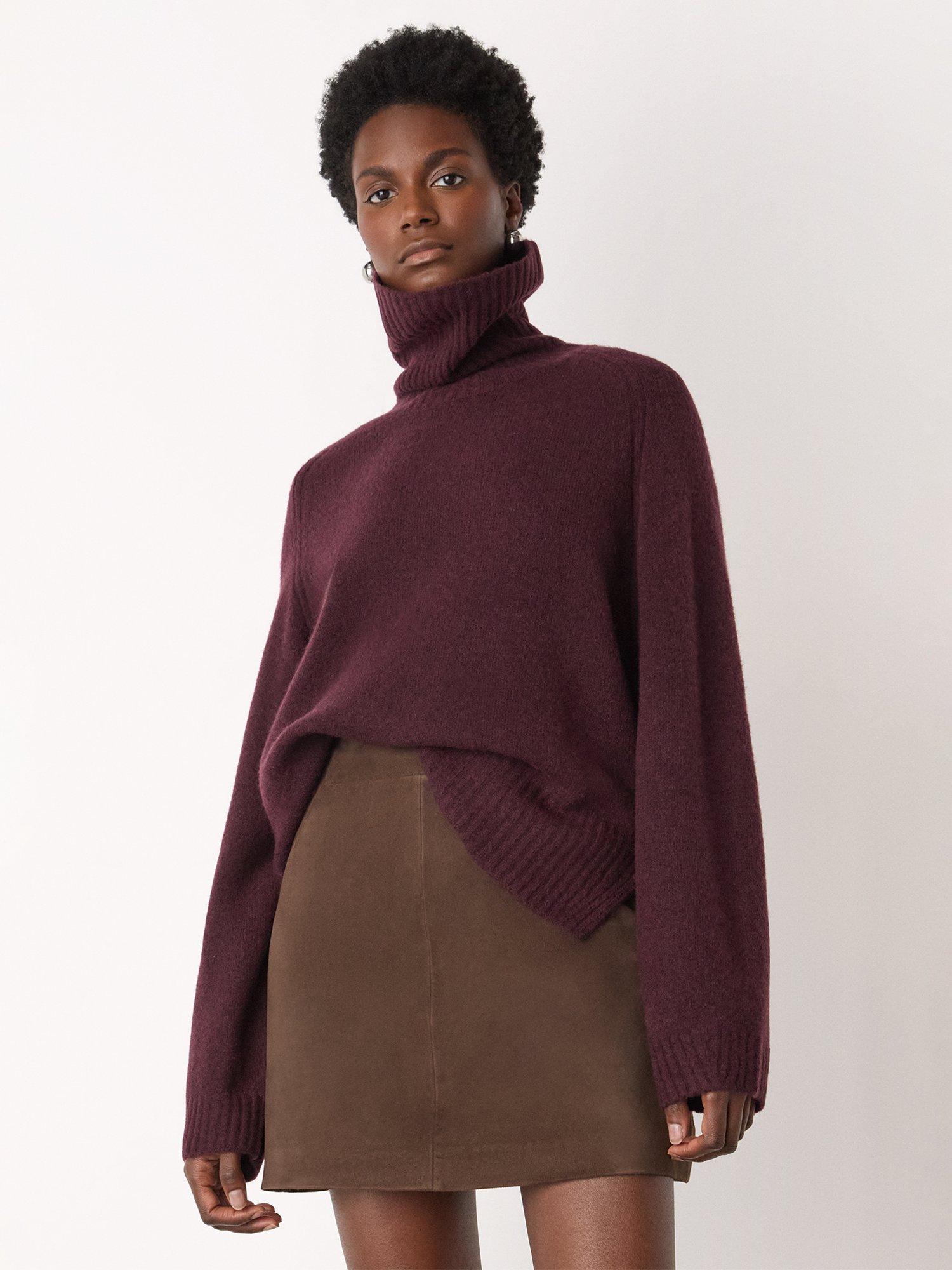 Product image 1 of 5, which shows Whistles Roll Neck Wool Blend Jumper, Burgundy, XS