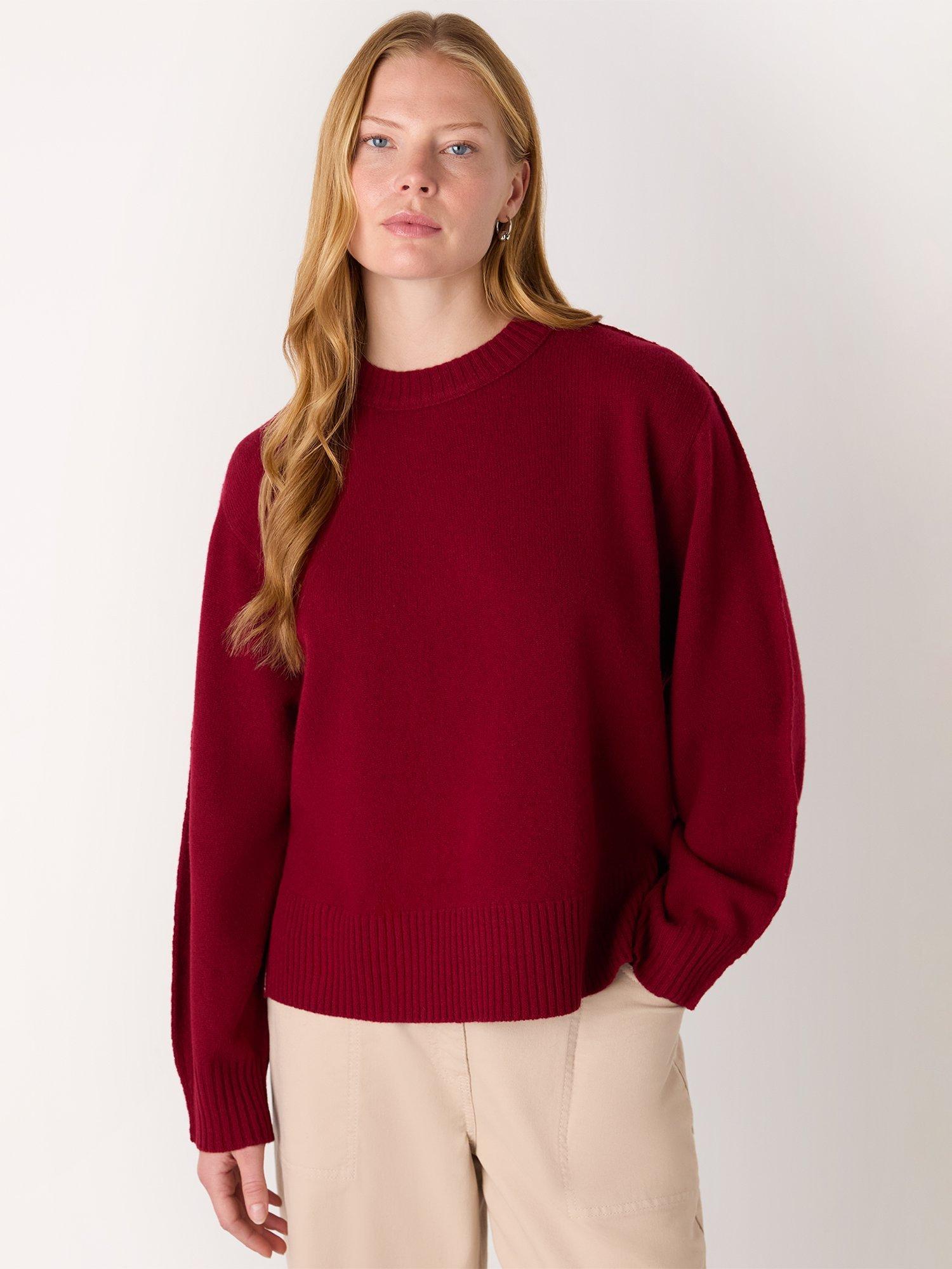 Product image 1 of 5, which shows Whistles Side Stripe Detail Wool Knit Jumper , Burgundy/Multi, XS