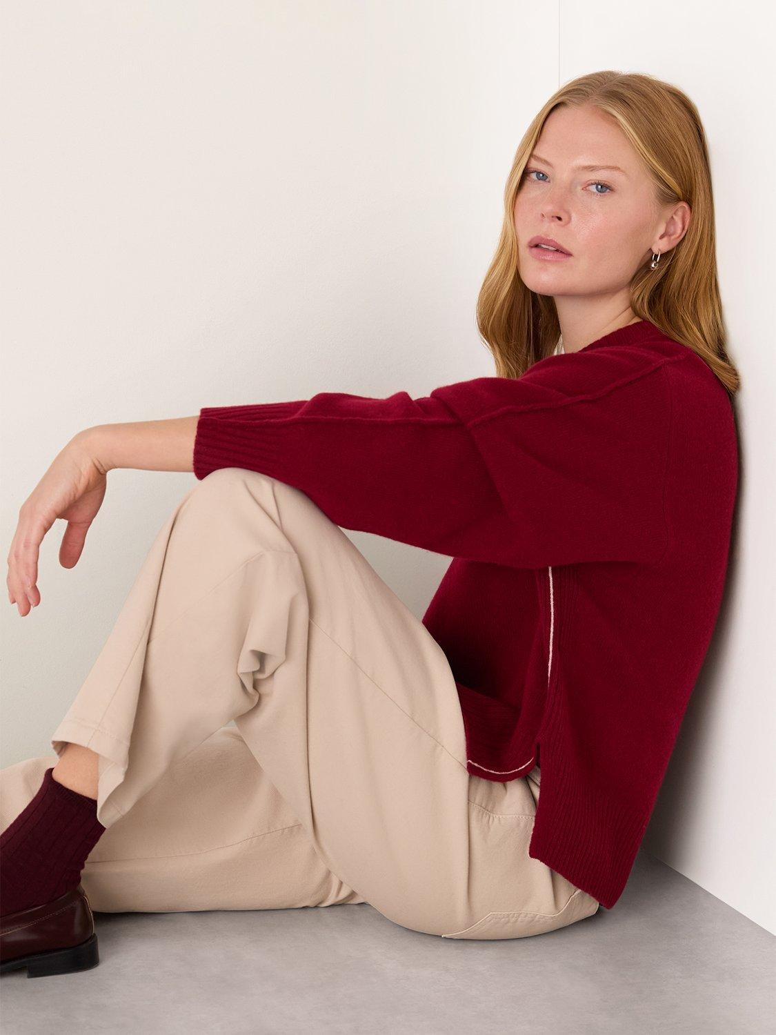 Product image 3 of 5, which shows Whistles Side Stripe Detail Wool Knit Jumper , Burgundy/Multi, XS