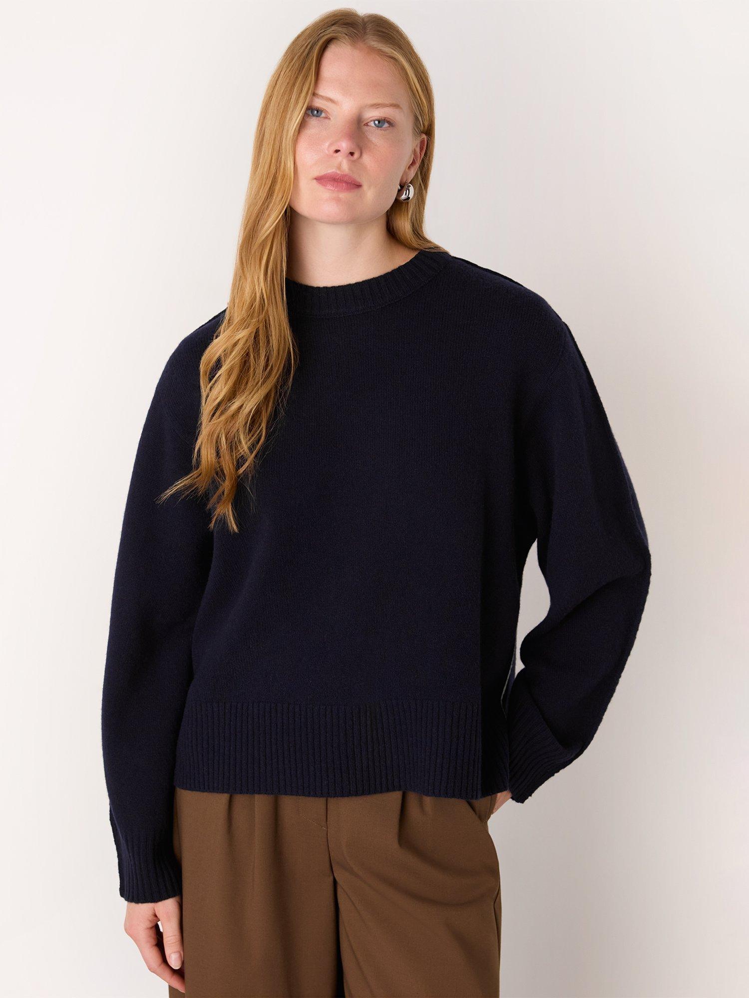 Product image 1 of 5, which shows Whistles Side Stripe Detail Wool Knit Jumper, Navy, XS