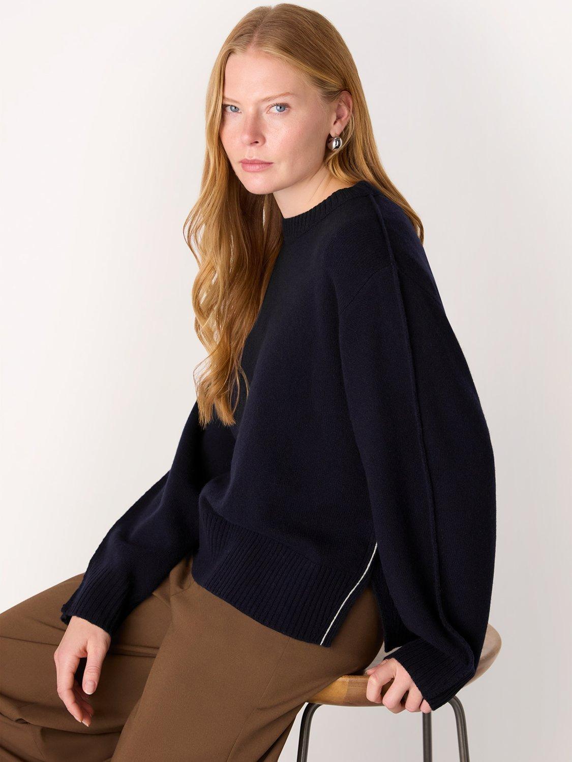 Product image 3 of 5, which shows Whistles Side Stripe Detail Wool Knit Jumper, Navy, XS