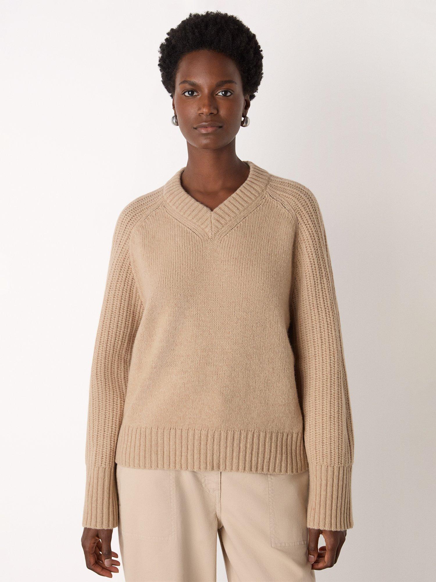 Product image 1 of 5, which shows Whistles Ribbed Sleeve V-Neck Pure Wool Jumper, Camel, XS