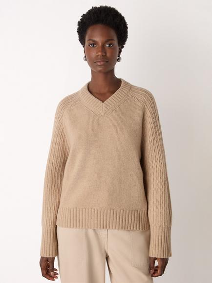 Whistles Ribbed Sleeve V-Neck Pure Wool Jumper, Camel, Camel