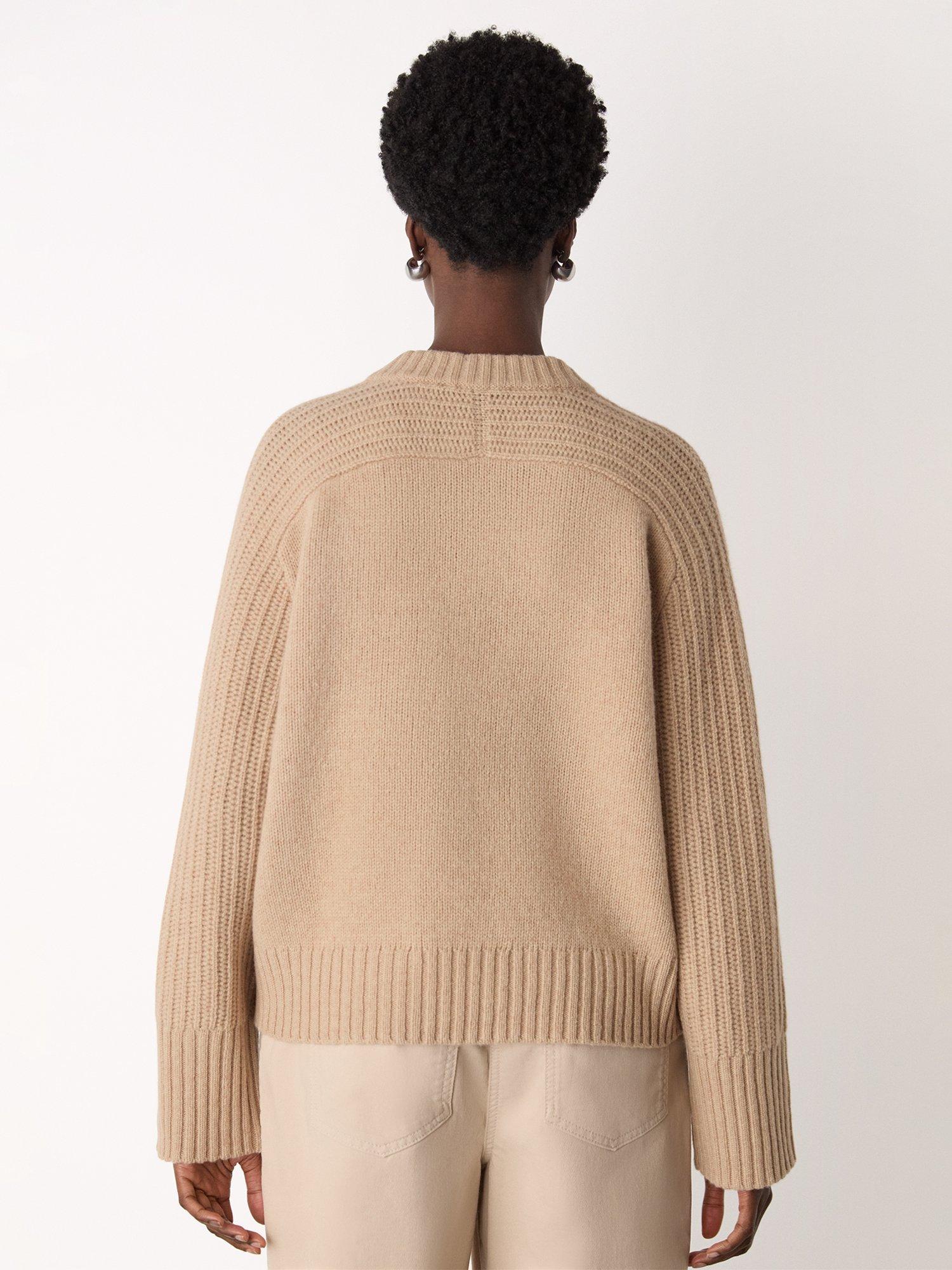 Product image 2 of 5, which shows Whistles Ribbed Sleeve V-Neck Pure Wool Jumper, Camel, XS
