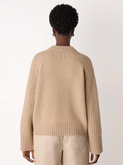 Whistles Ribbed Sleeve V-Neck Pure Wool Jumper, Camel - view 2, Camel