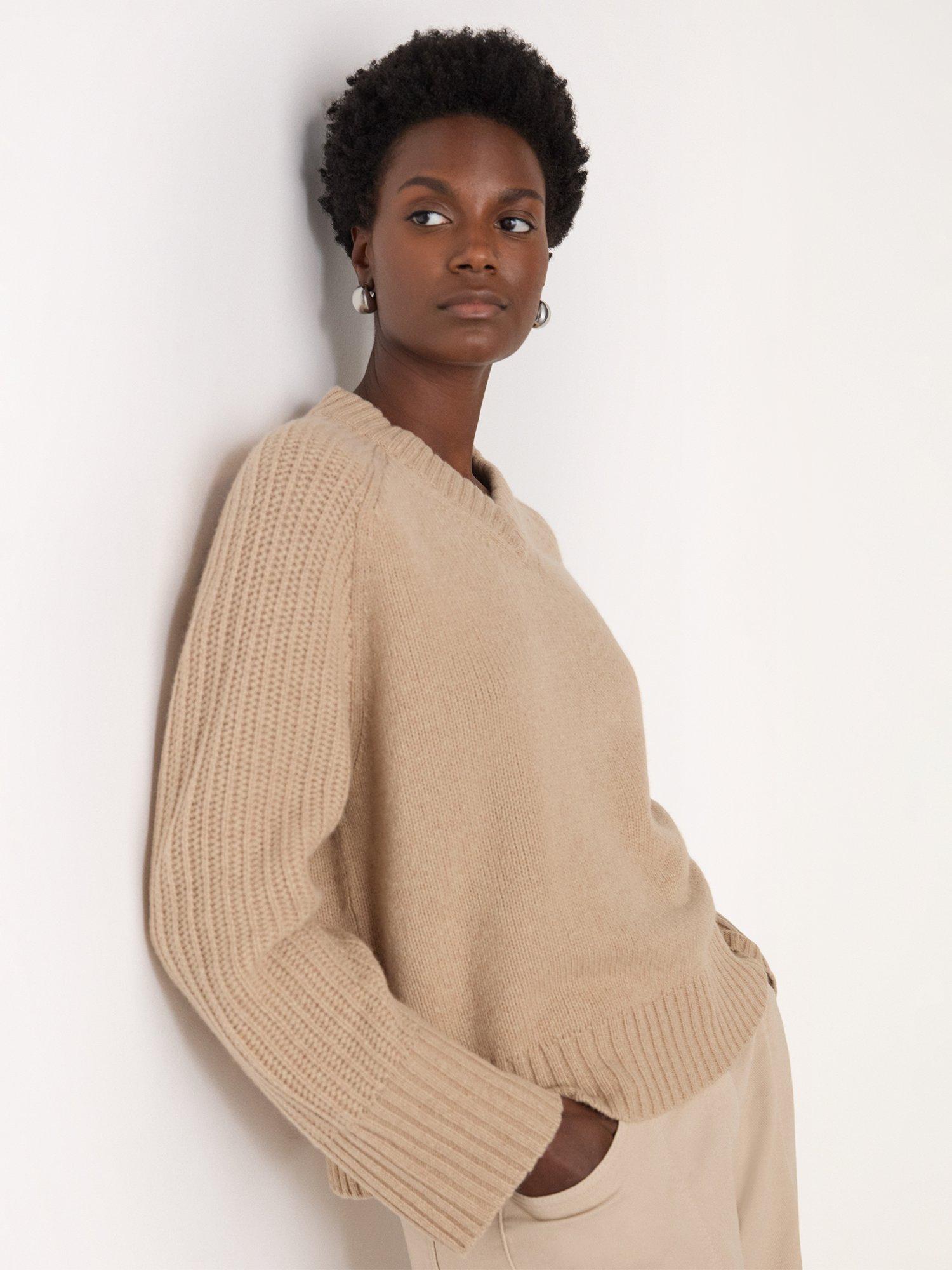 Product image 4 of 5, which shows Whistles Ribbed Sleeve V-Neck Pure Wool Jumper, Camel, XS